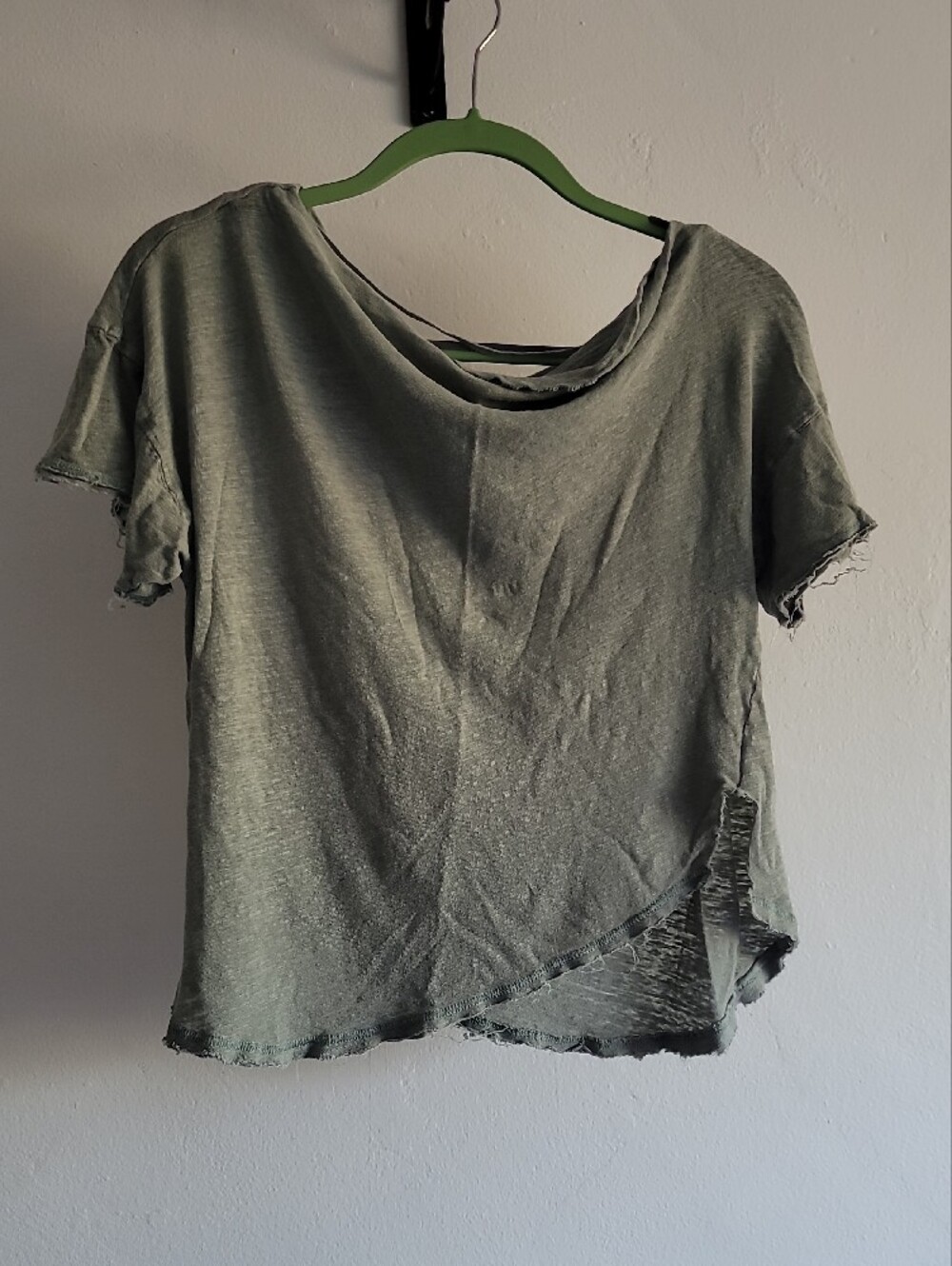 Free People Off Sholder Distressed Sage Short Sleeve Tee With Raw Hem